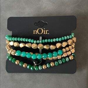 nOir Jewelry Emerald Green and Gold Layered Beaded Bracelet Stack